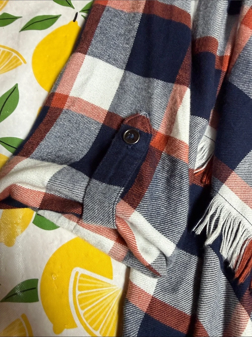 Maurices Navy White and Rust Plaid Fringe Open Poncho